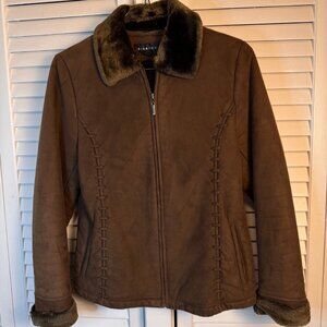 Braetan Small womens brown faux fur lined jacket Zip up faux suede cross stitch